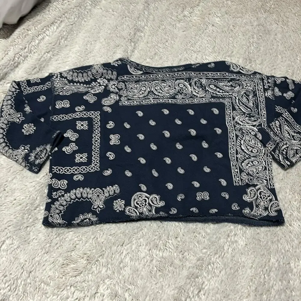 Ralph Lauren 4 navy blue white handkerchief print cropped dolman sleeve nwt